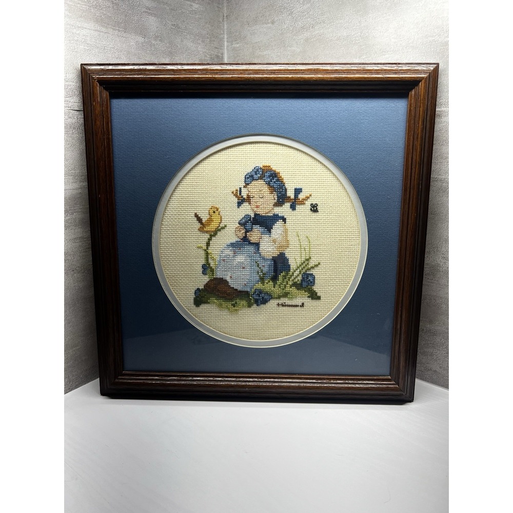 VTG Finished Framed Hummel Girl Picking Blue Spring Flowers Bird Cross Stitch